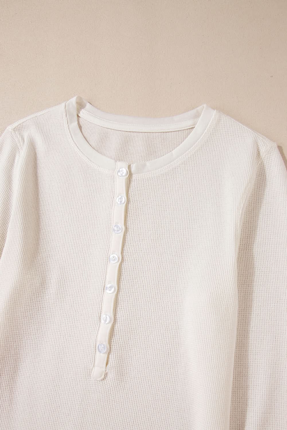 White Solid Color Waffle Half Button Long Sleeve Top - Love Salve